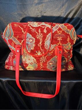 Red/Orange Floral Jacquard Tote Bag with Structured Handles